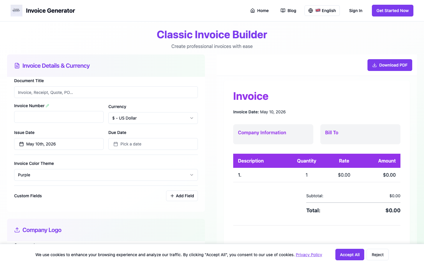 Invoice generator split-panel interface — form on the left, live PDF preview on the right