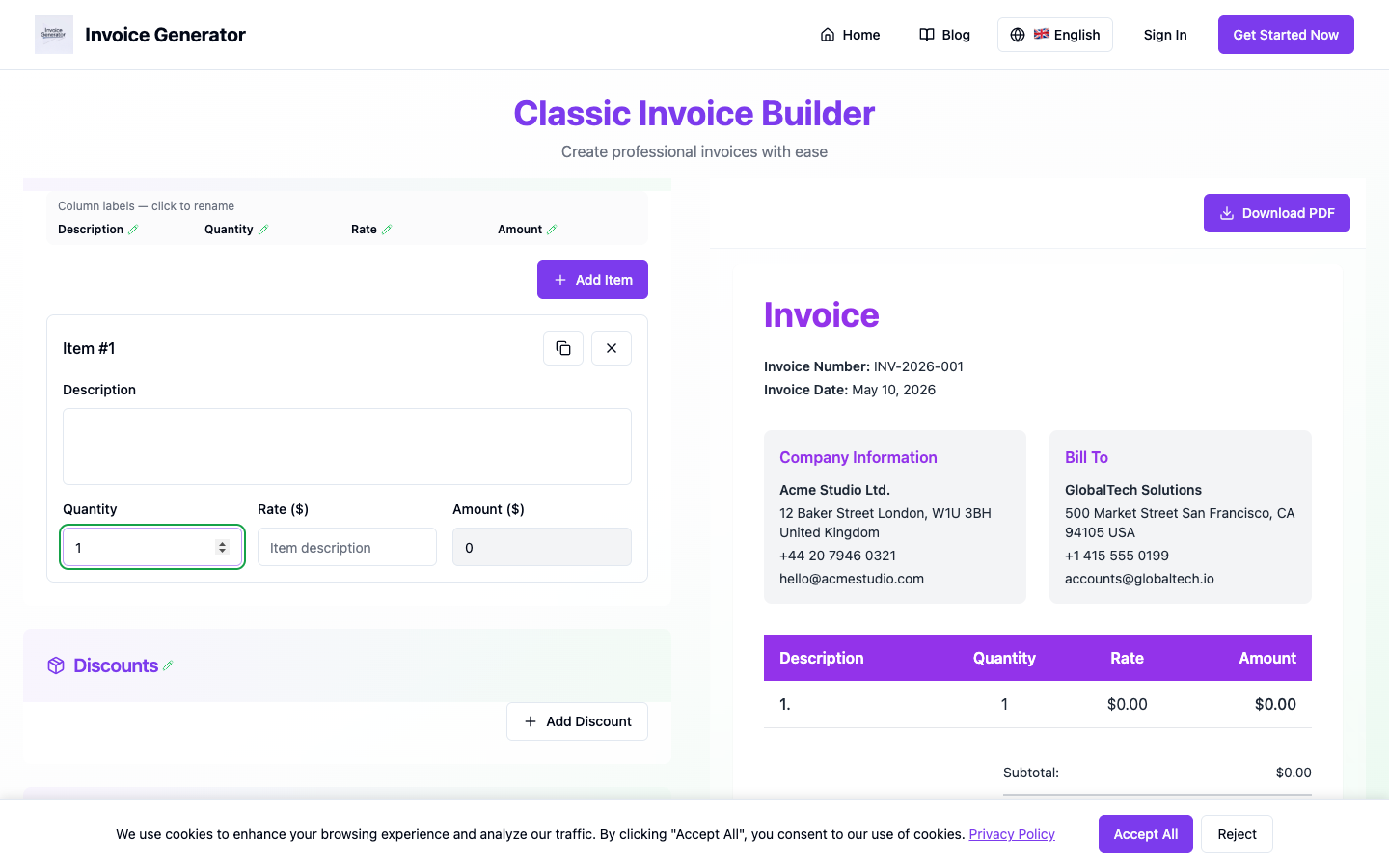 Invoice generator with company information and client details filled in, showing live preview