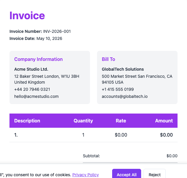 Invoice preview showing company information and Bill To sections side by side