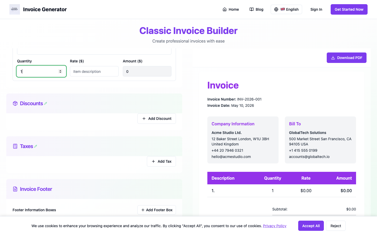 Invoice footer section showing multiple footer boxes and the expand button