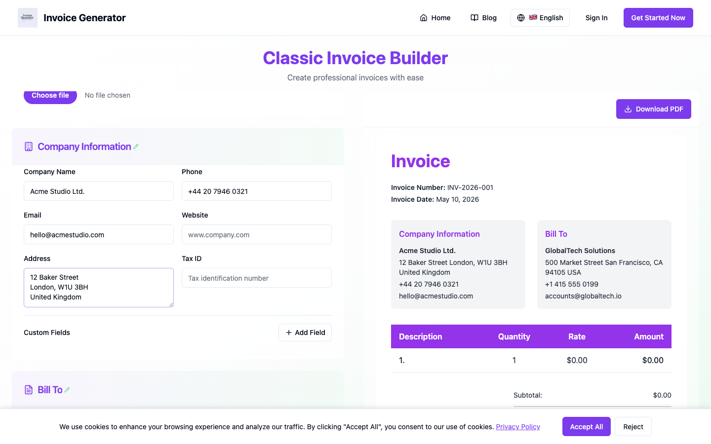 Invoice builder showing the colour theme selection and discount/tax sections